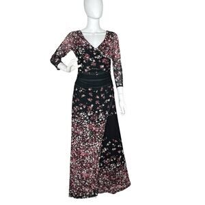 Kay Unger Maxi Dress Mesh Floral Whimsigoth Pastel Goth Black Pink Size S